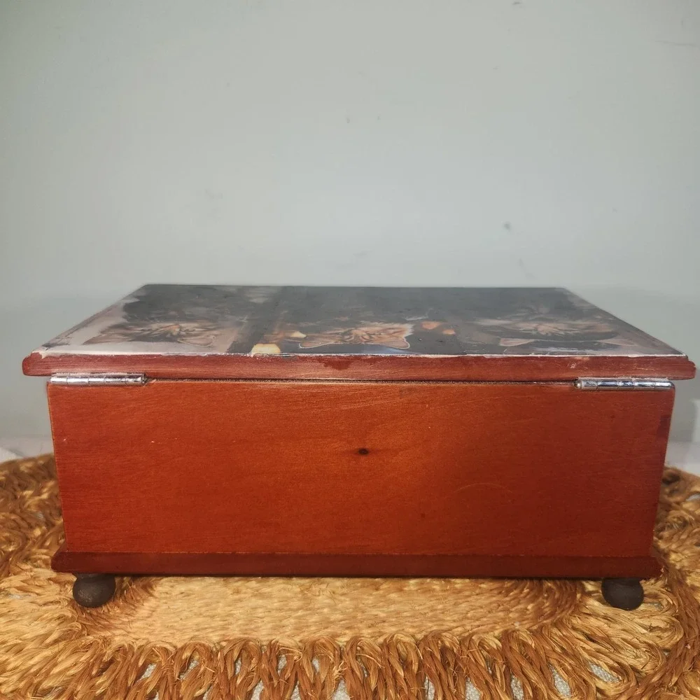 Upcycled Wooden Jewelry Box • Whimsical Victorian Kittens • Red Velvet Lined